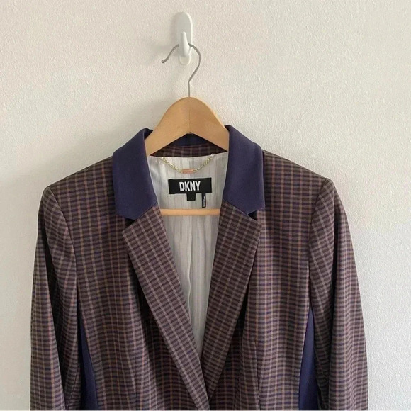DKNY Women's Long Sleeve One Button Check Jacket Toffee Sz 6 - Picture 3 of 11